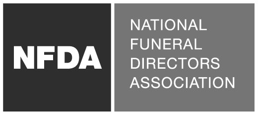 Logo for the National Funeral Directors Association; black and gray rectangles with text 