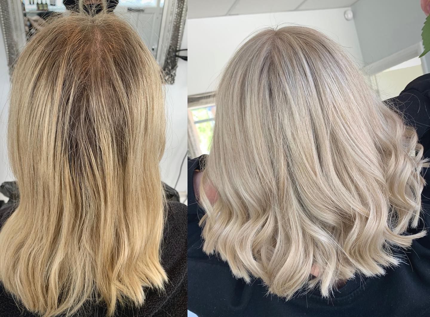 Before and after of shoulder-length hair, showing a transition from brassy, yellow-toned blonde to a cool, icy ash blonde.