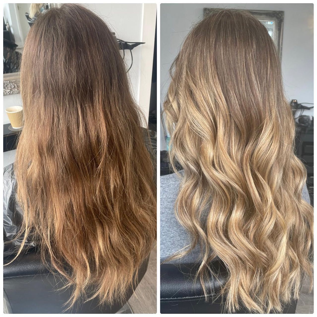 Before and after view of long, wavy hair showing a transformation from dark brown to a multi-toned blonde balayage.