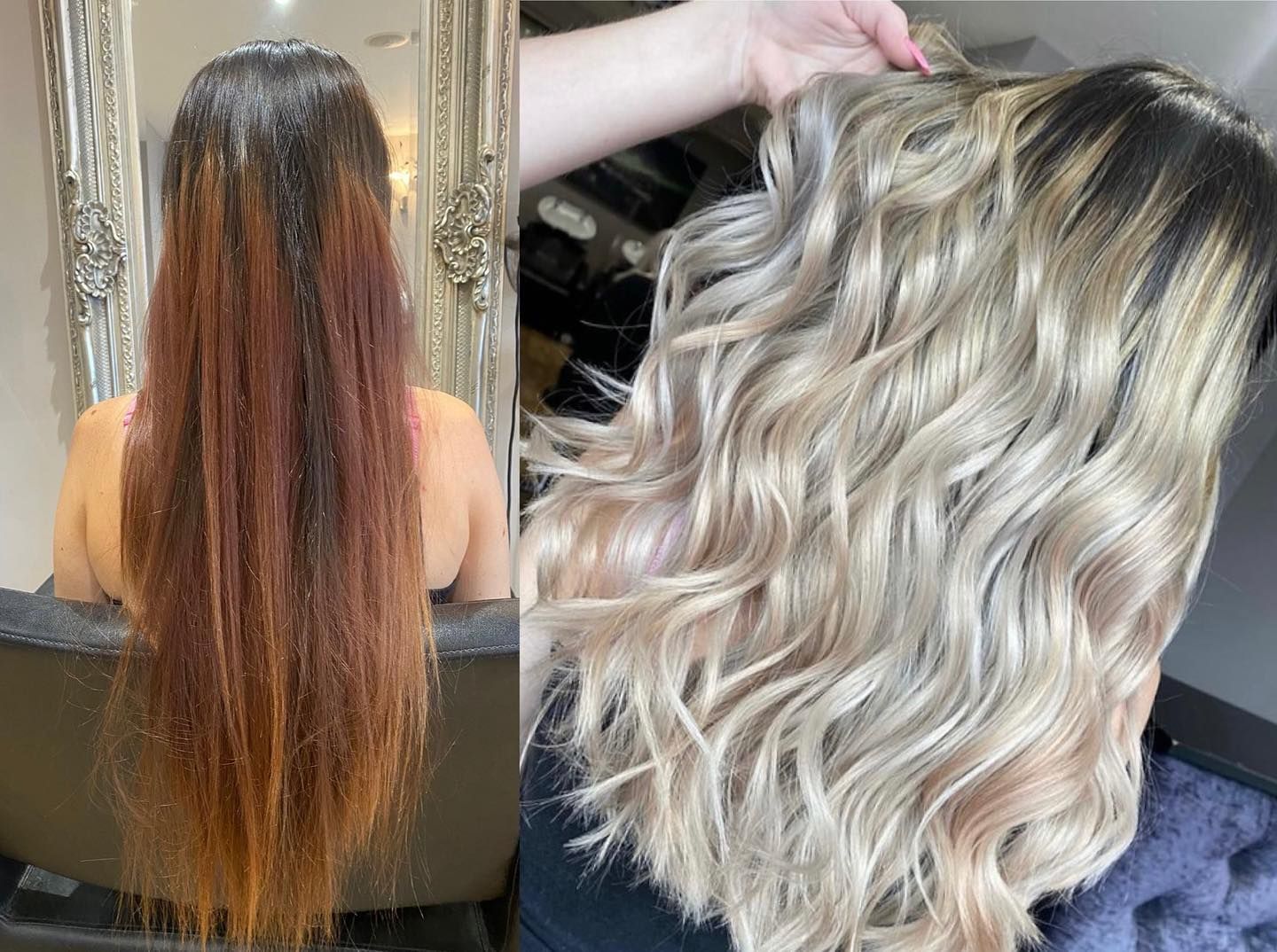 A side-by-side comparison of hair before and after a color treatment, transitioning from dark red to a light blonde balayage.