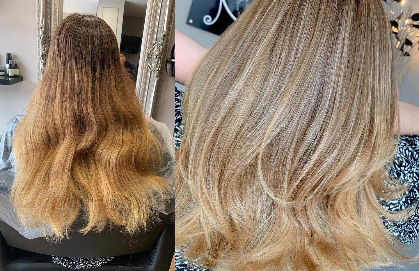 A before-and-after comparison of hair, showing a transition from dark, brassy, uneven tones to a bright, blended blonde.