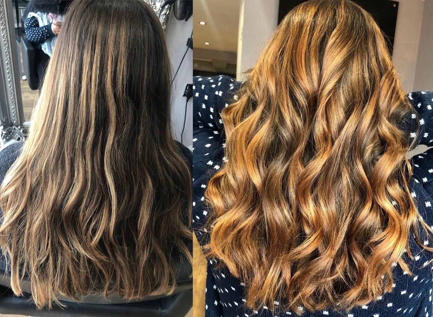 Before and after comparison showing hair with a lighter, wavy, balayage style on the right.