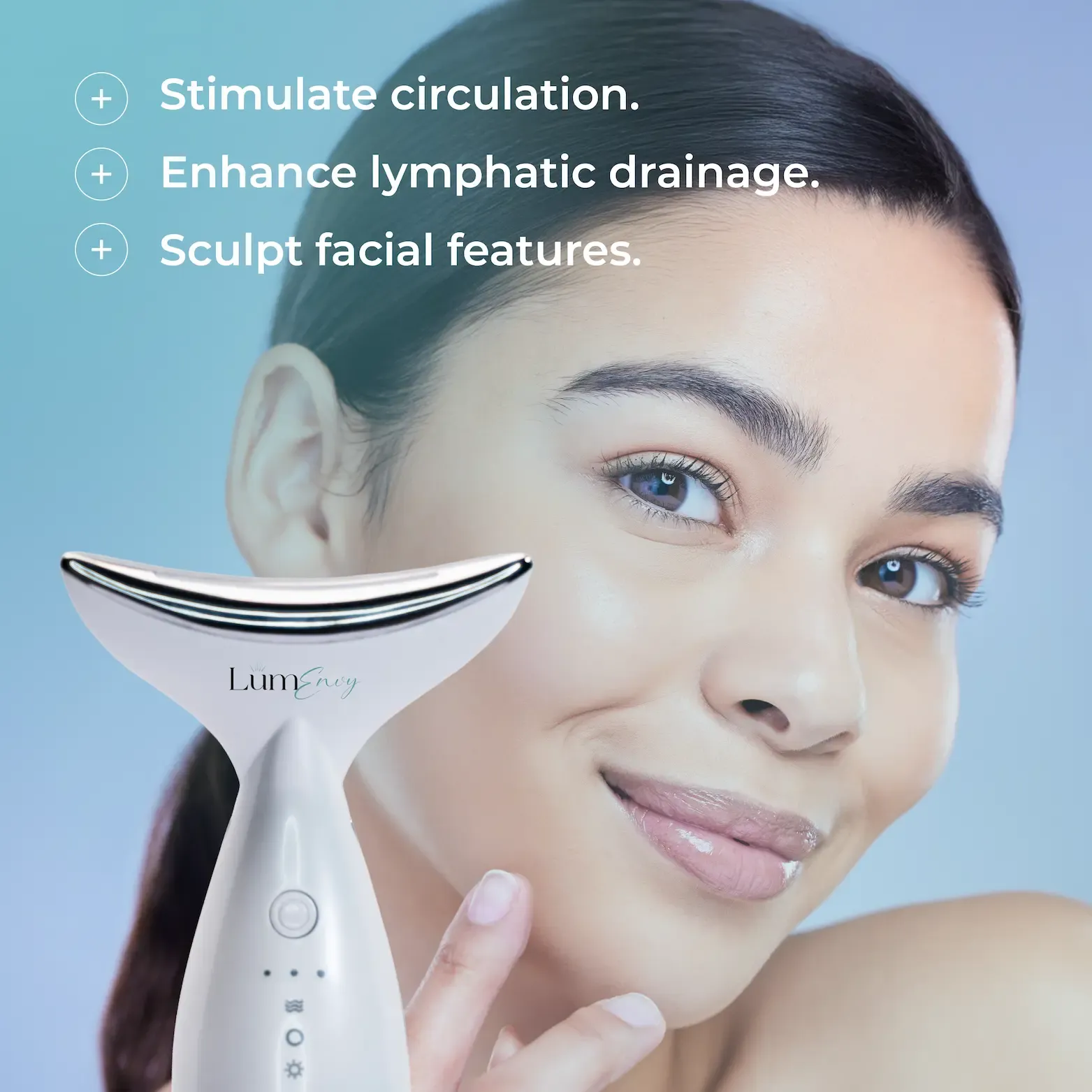 A person poses with a white facial sculpting tool next to text listing benefits like stimulating circulation.