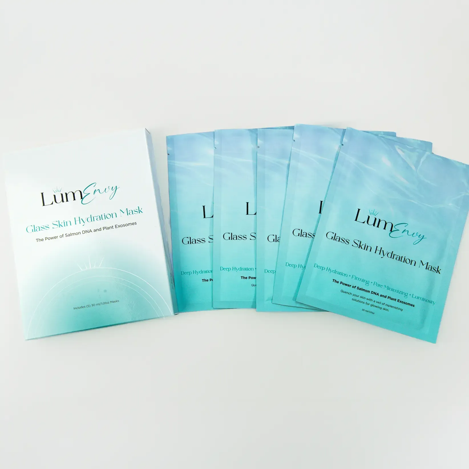 A box and five packets of LumEnvy Glass Skin Hydration Mask in light blue packaging against a white background.