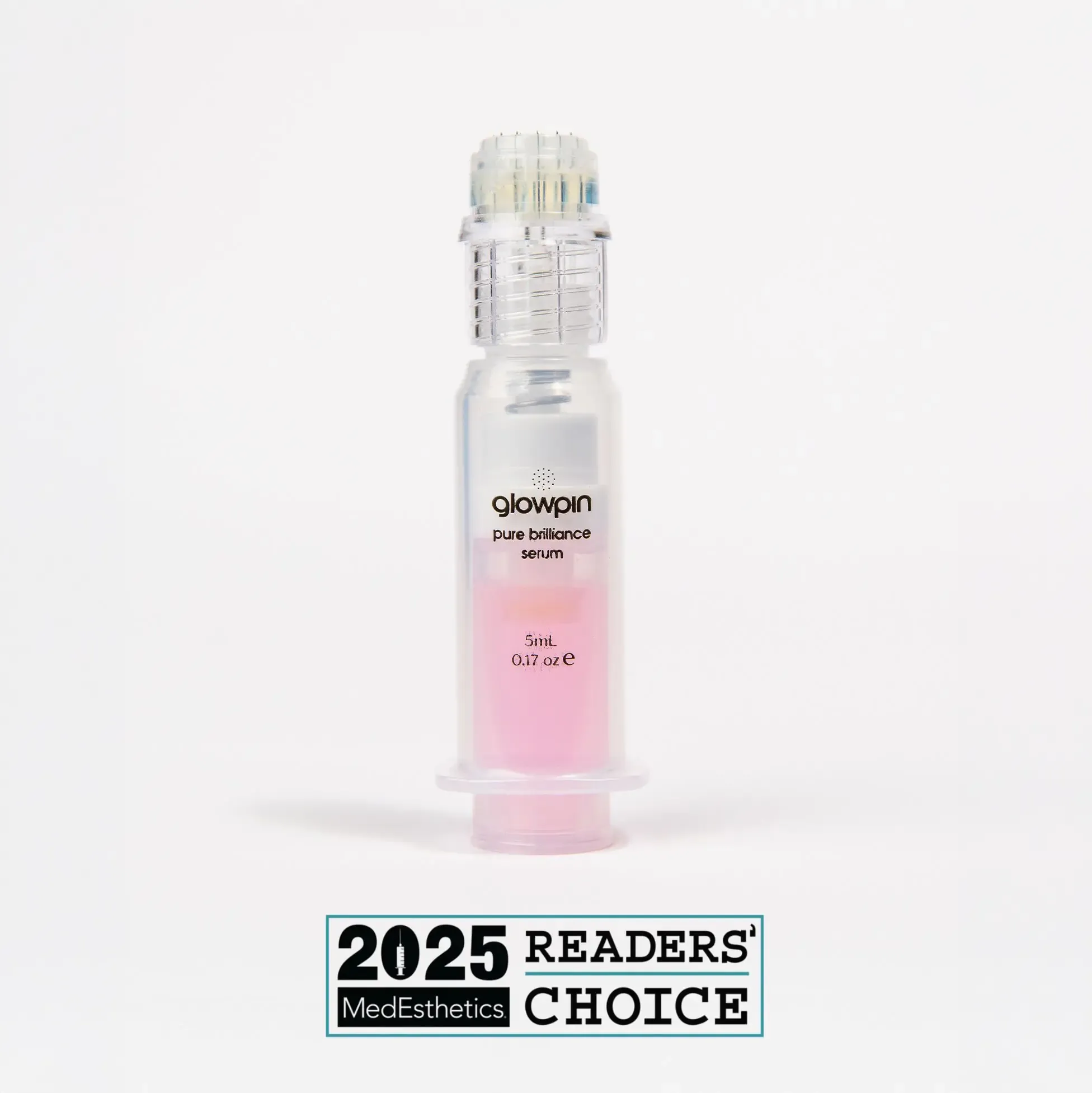 A Glowpin micro-needling device with pink serum inside, accompanied by a 2025 MedEsthetics Readers’ Choice award badge.