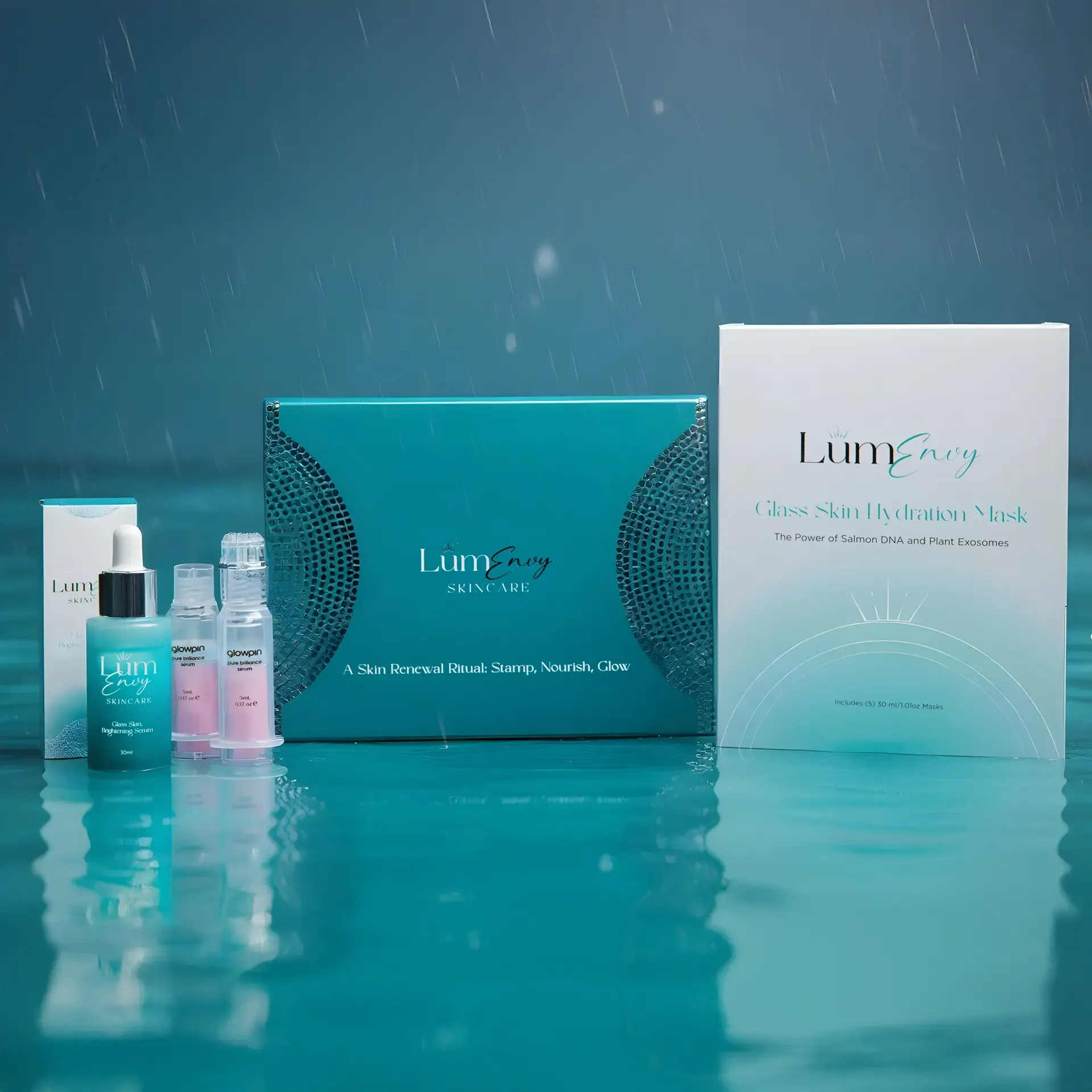 Lumisey skincare set with a blue serum bottle, two small vials, a box, and a mask packet, displayed on a water surface.