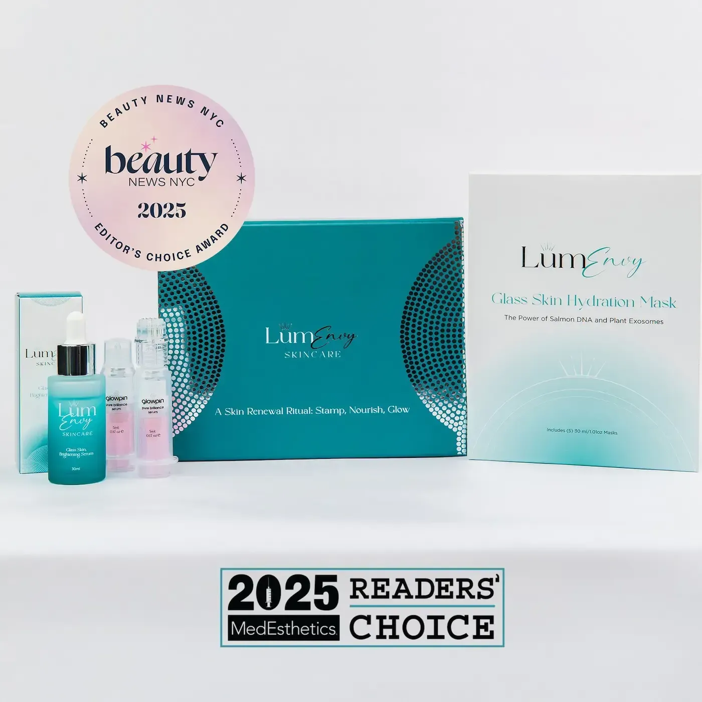 LumFace skincare set with a serum, mask, and boxes, featuring 2023 and 2025 beauty awards, in white and teal packaging.