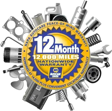 12-month, 12,000-mile nationwide auto repair warranty seal with car parts around it