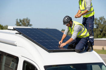 Tecnici installano un pannello solare sul tetto di un furgone bianco all'aperto.