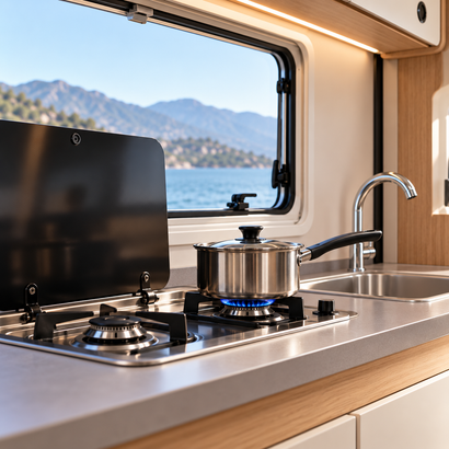 Un camper parcheggiato in riva a un lago sotto un cielo azzurro brillante con nuvole, sedie e un frigo portatile all'esterno.
