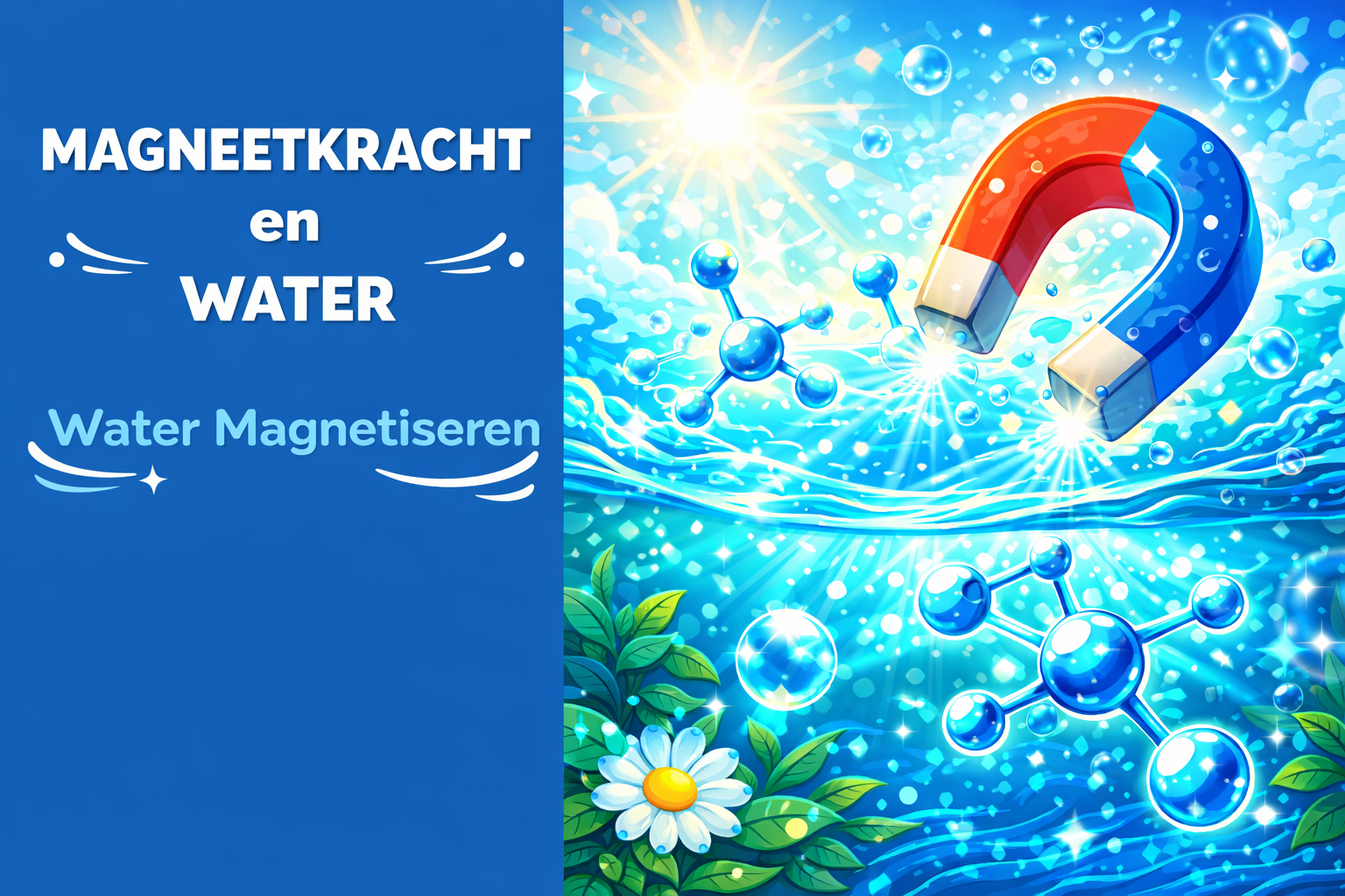 U-vormige magneet boven water. Tekst: