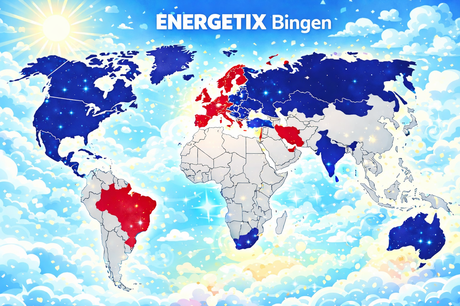Wereldkaart met blauwe en rode landen; tekst: 