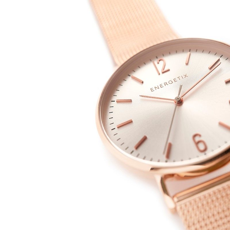 Roségouden horloge met een meshband, wijzerplaat met 12- en 6-uurmarkeringen. Energetix Horloge solid