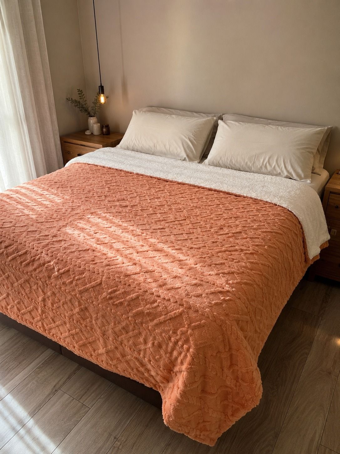 Habitación acogedora con una cama vestida con una manta