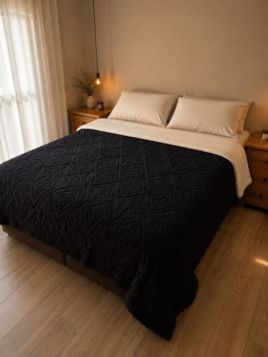 Habitación acogedora con una cama vestida con sábanas blancas y una manta oscura junto a la ventana.