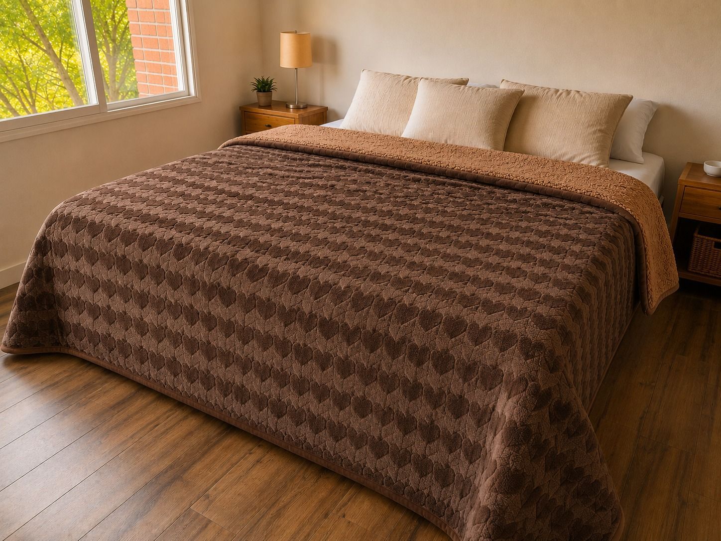 Habitación acogedora con una colcha estampada marrón, almohadas blancas y luz solar cálida que entra por la ventana.