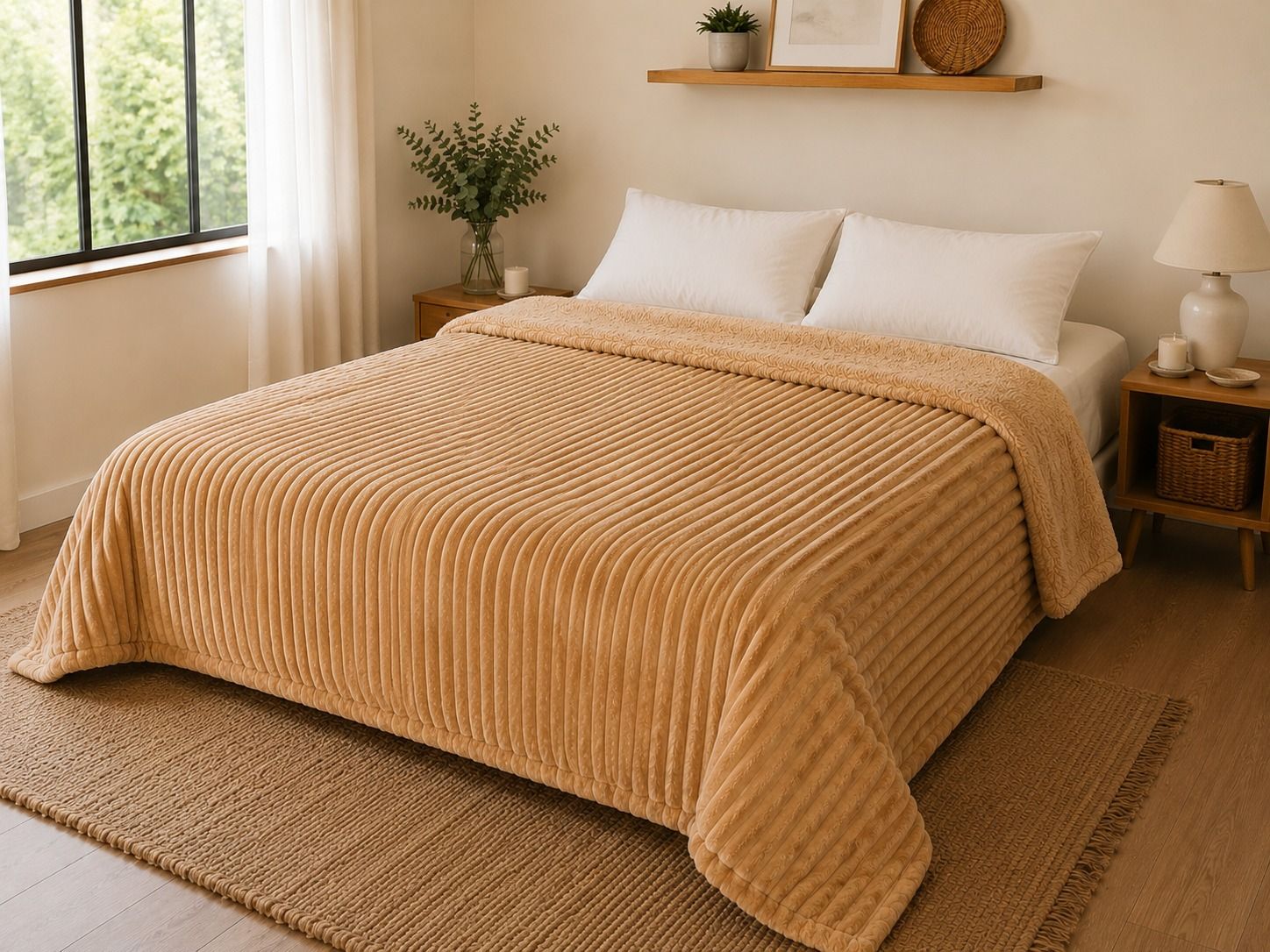 Habitación acogedora con una colcha beige, almohadas blancas, mesita de noche y luz natural suave.