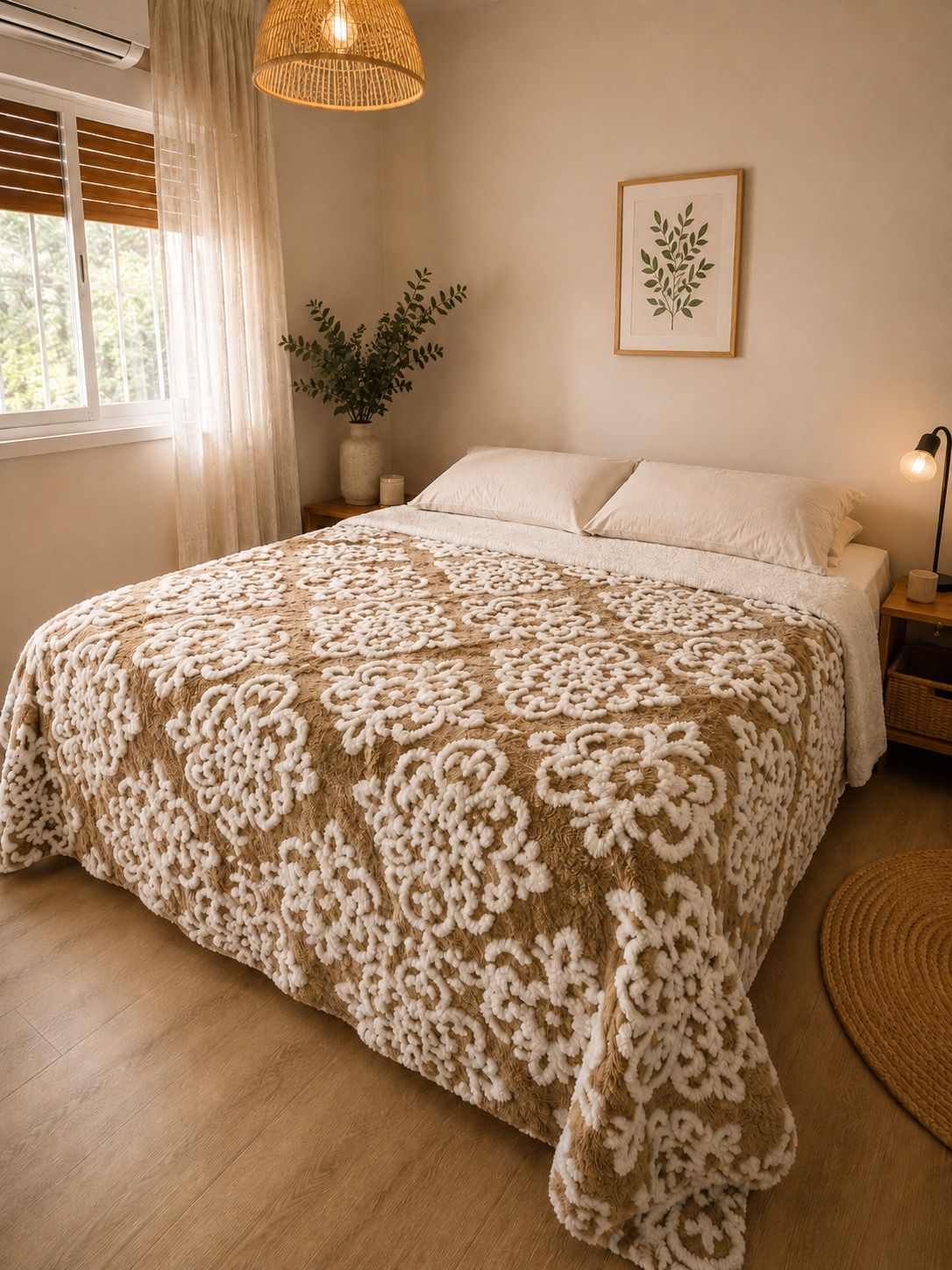 Habitación acogedora con una colcha estampada, decoración en tonos beige suaves