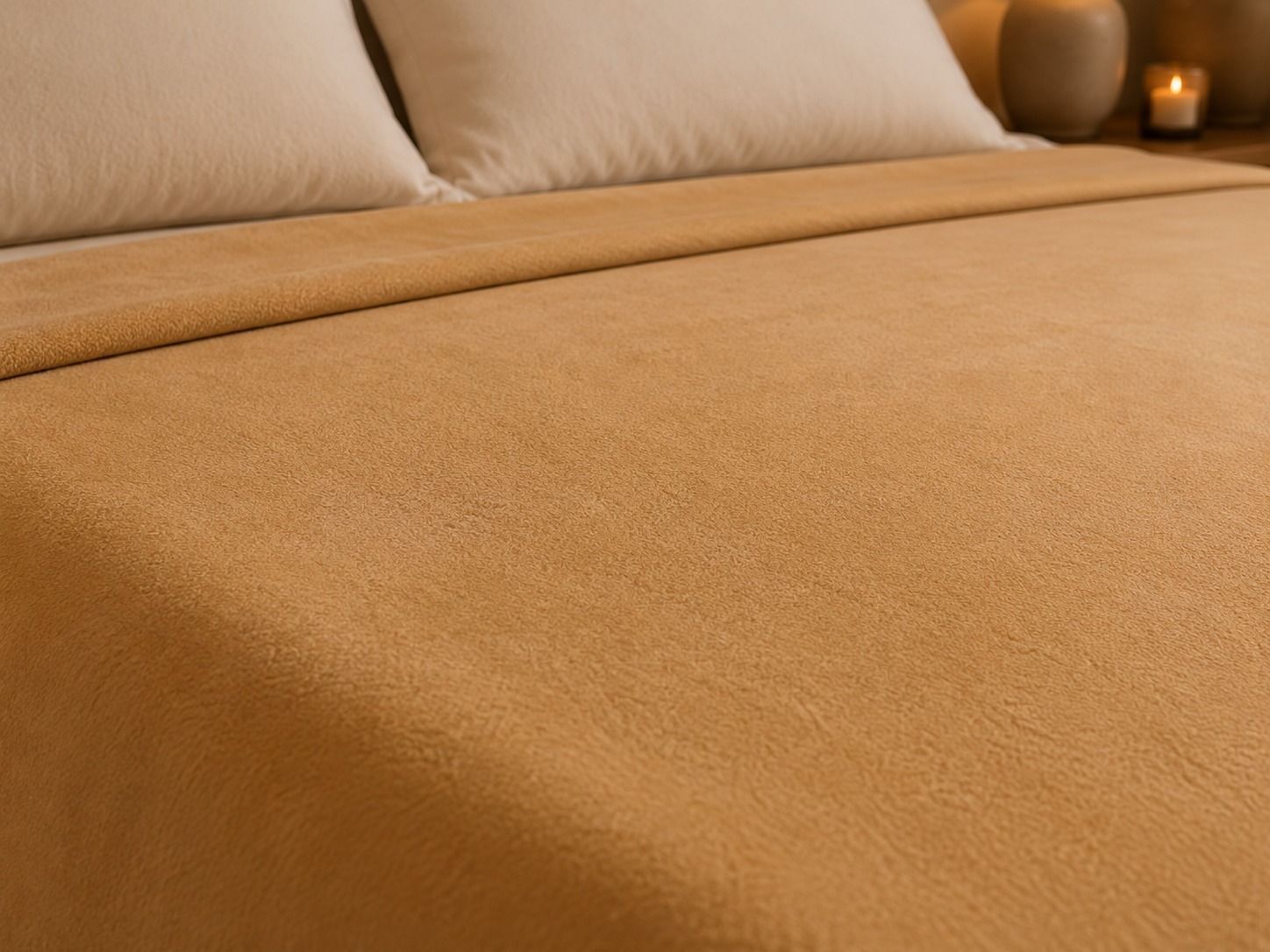 Una cama beige bien hecha en un dormitorio cálido y con iluminación tenue, con mesitas de noche y una lámpara.