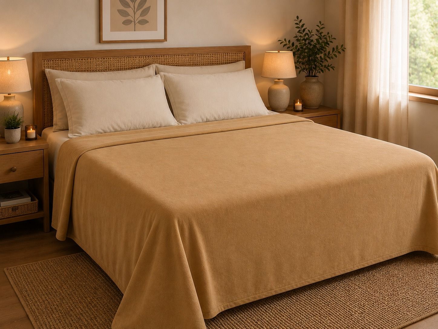 Una cama beige bien hecha en un dormitorio cálido y con iluminación tenue, con mesitas de noche y una lámpara.