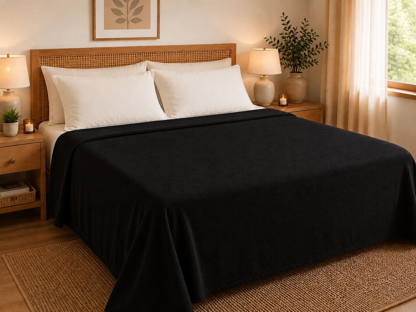 Habitación acogedora con una cama vestida con ropa de cama negra, almohadas blancas y luz natural cálida.