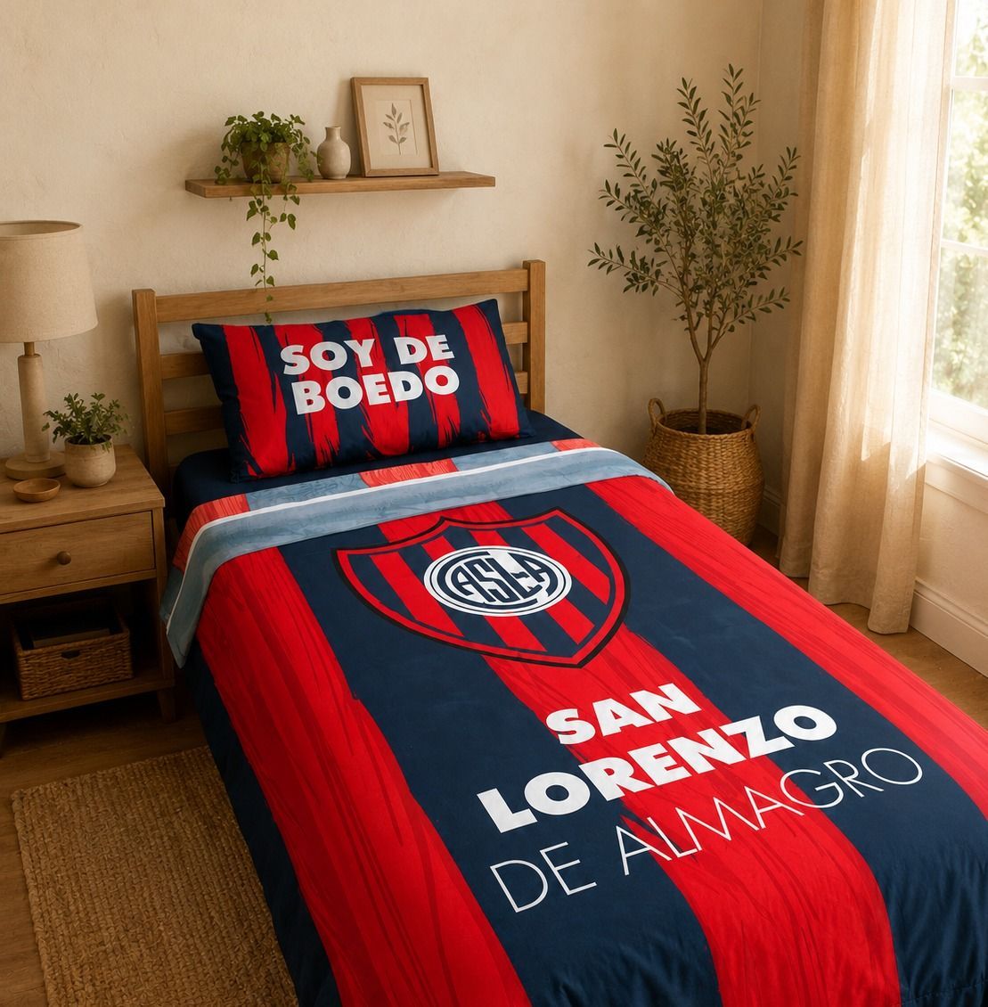 Habitación ordenada con una colcha San Lorenzo roja y azul, almohada a juego y luz cálida en la ventana.