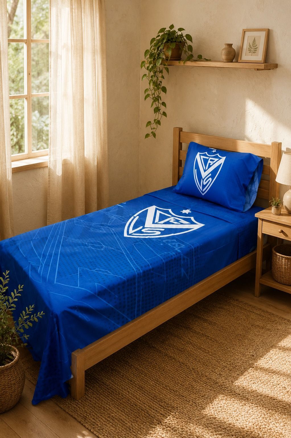 Cama azul en una habitación soleada con ventana, estante de madera y planta colgante.