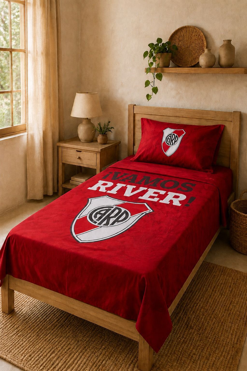 Cama roja con motivos del Liverpool y almohada a juego en un acogedor dormitorio beige.