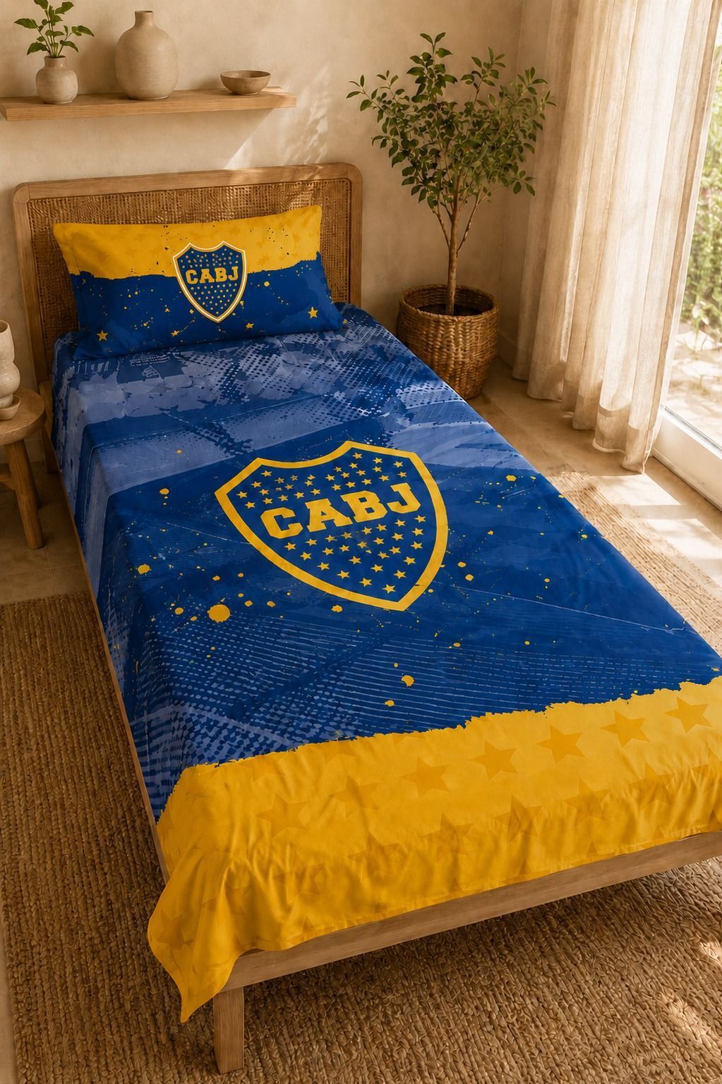 Colcha azul y amarilla de Boca Juniors sobre una cama en una habitación luminosa.
