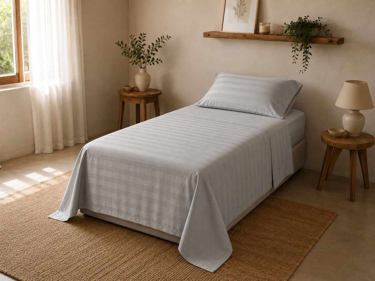 Cama individual con ropa de cama gris en una acogedora