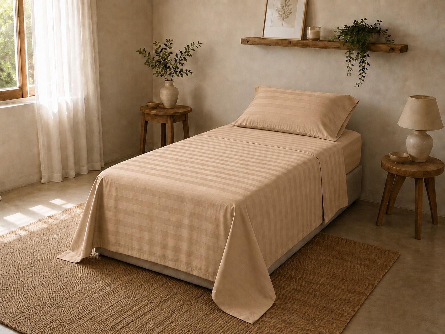 Acogedora habitación beige con una cama individual bien hecha, alfombra tejida y suave luz natural que entra por la ventana.