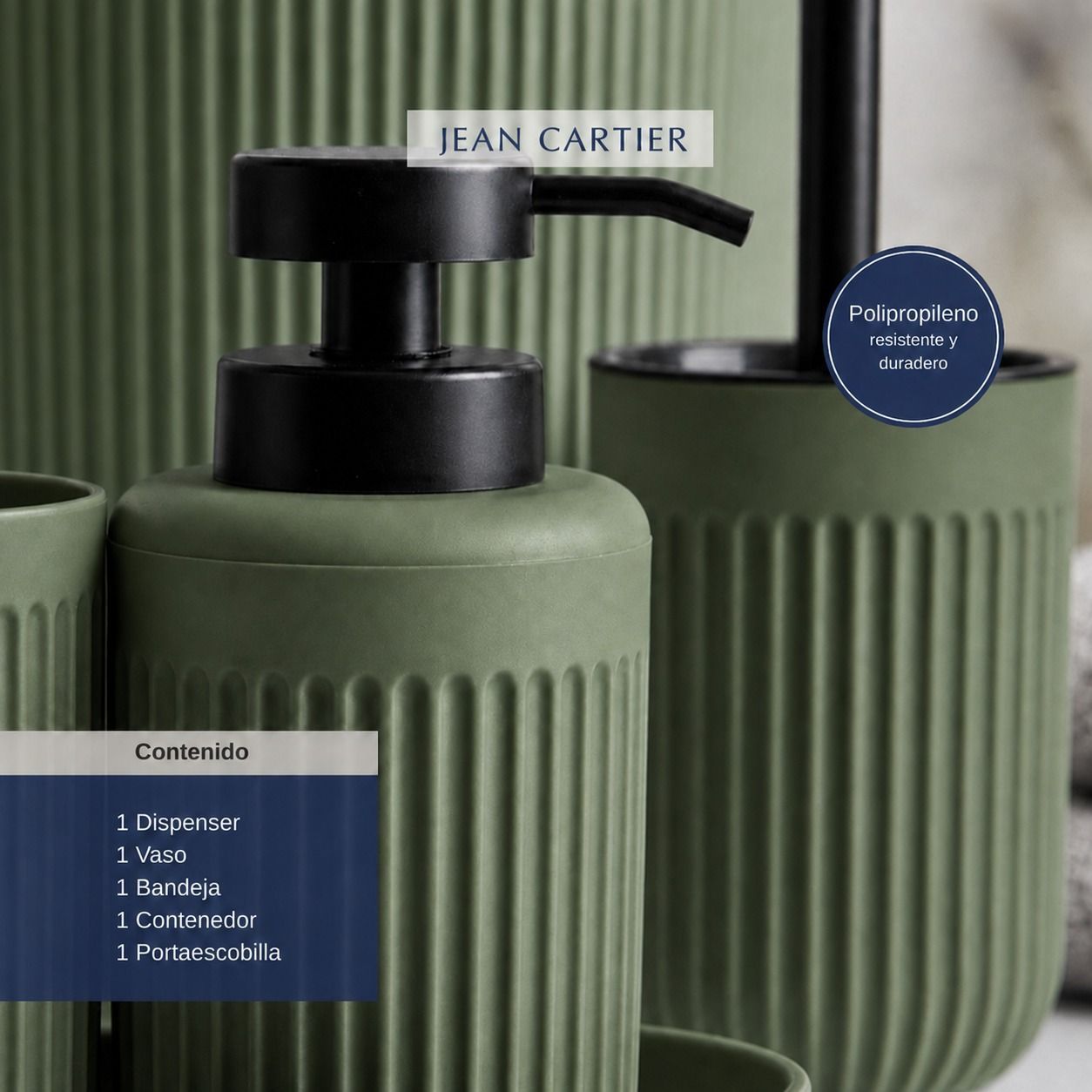 Juego de baño acanalado de color verde salvia con dispensador de jabón