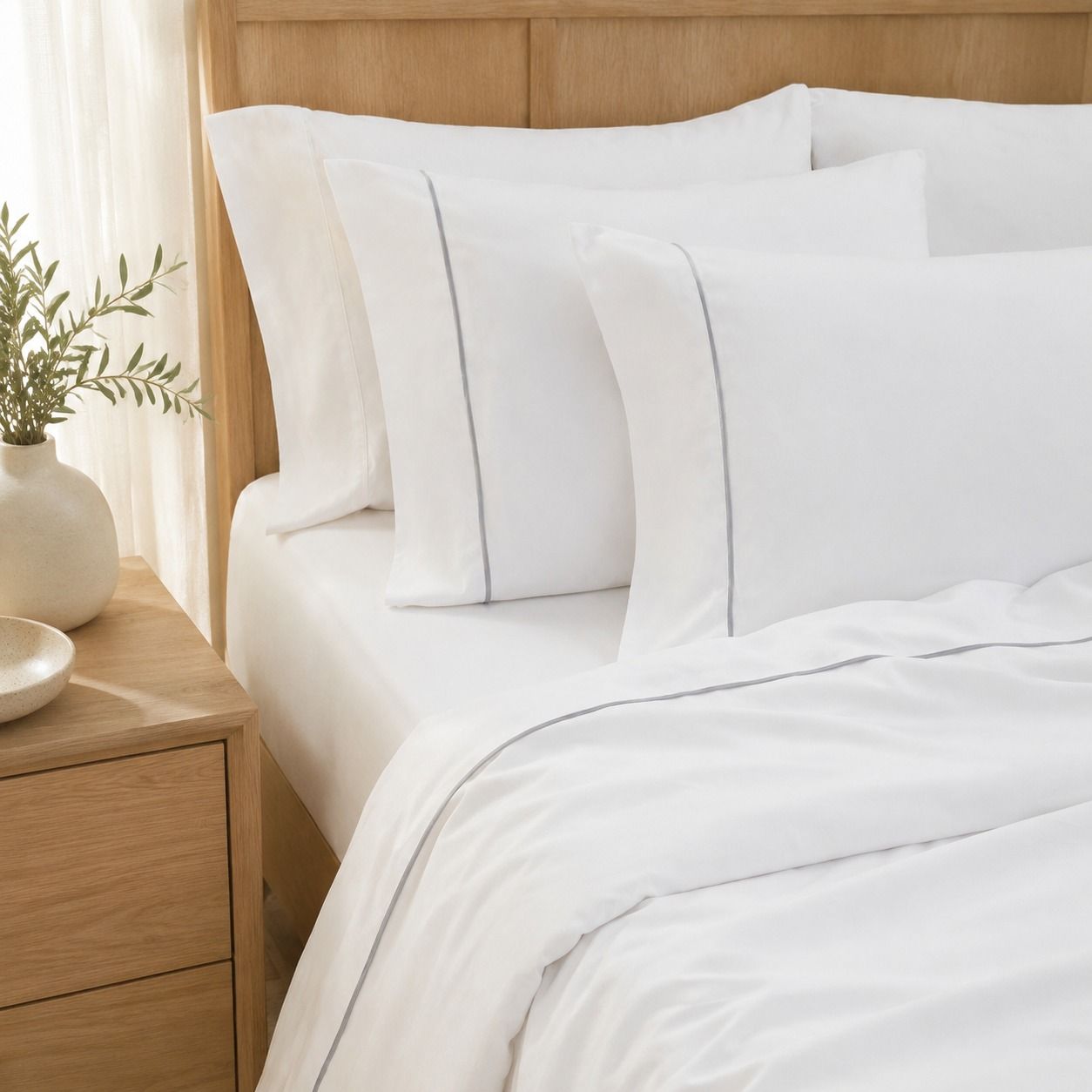 Almohadas y ropa de cama blancas sobre una cama de madera junto a una mesita de noche con un jarrón con plantas.
