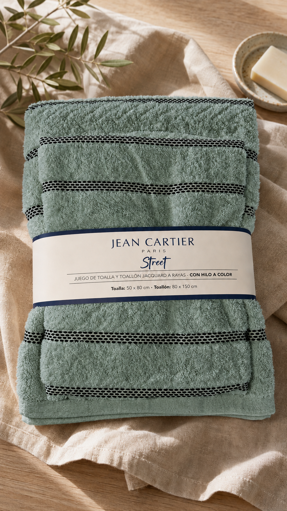 Juego de Toalla y Toallón STREET - 100% Algodón 500 g/m² - VERDE LAUREL | JEAN CARTIER