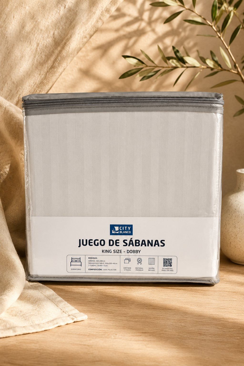 Juego de Sabanas Dobby Gris claro KING l CITY BLANCO