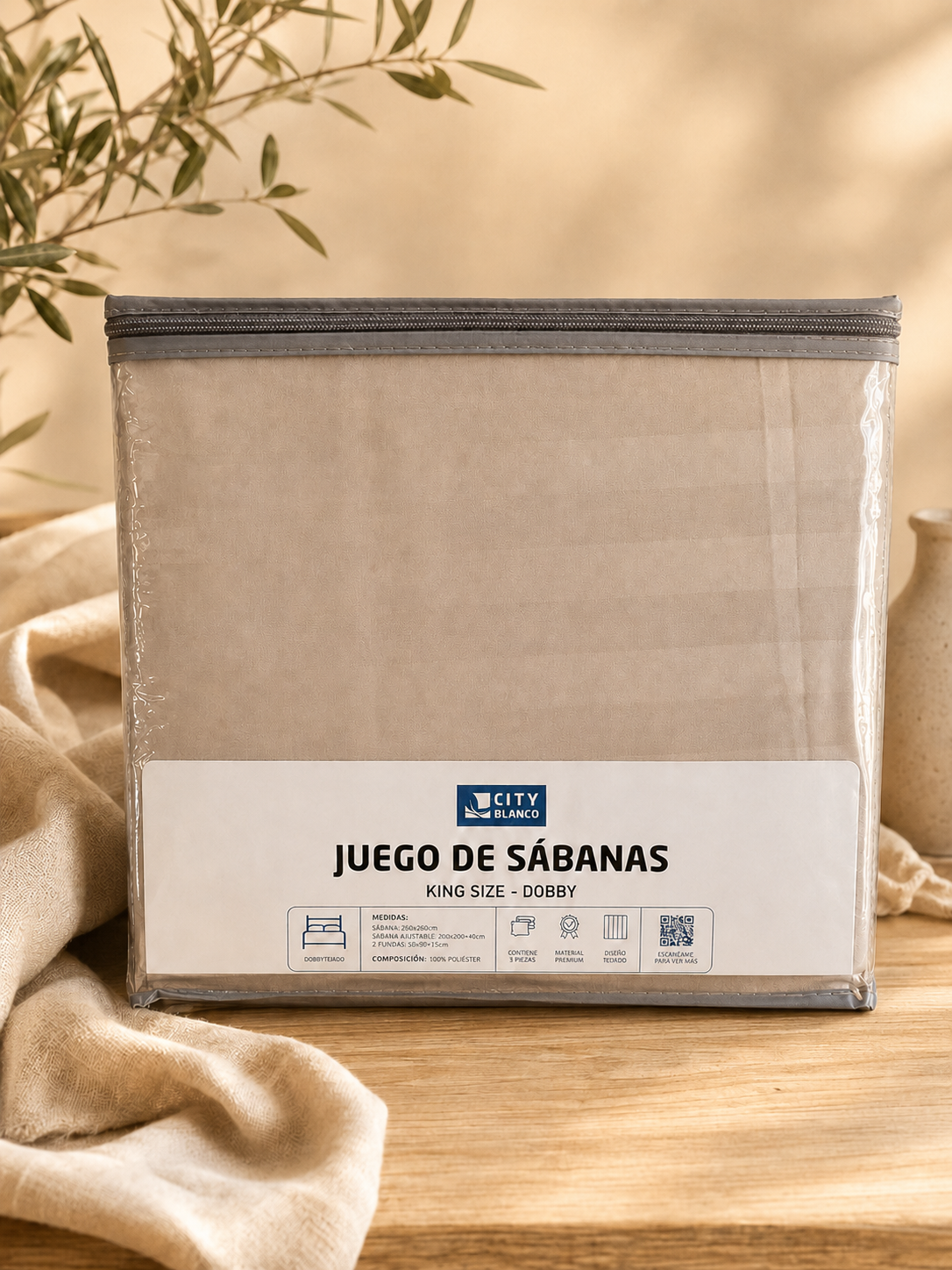 Juego de Sabanas Dobby Marron claro KING l CITY BLANCO