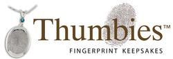 Logo for Thumbies fingerprint keepsakes, featuring a necklace pendant with a fingerprint and a fingerprint graphic.