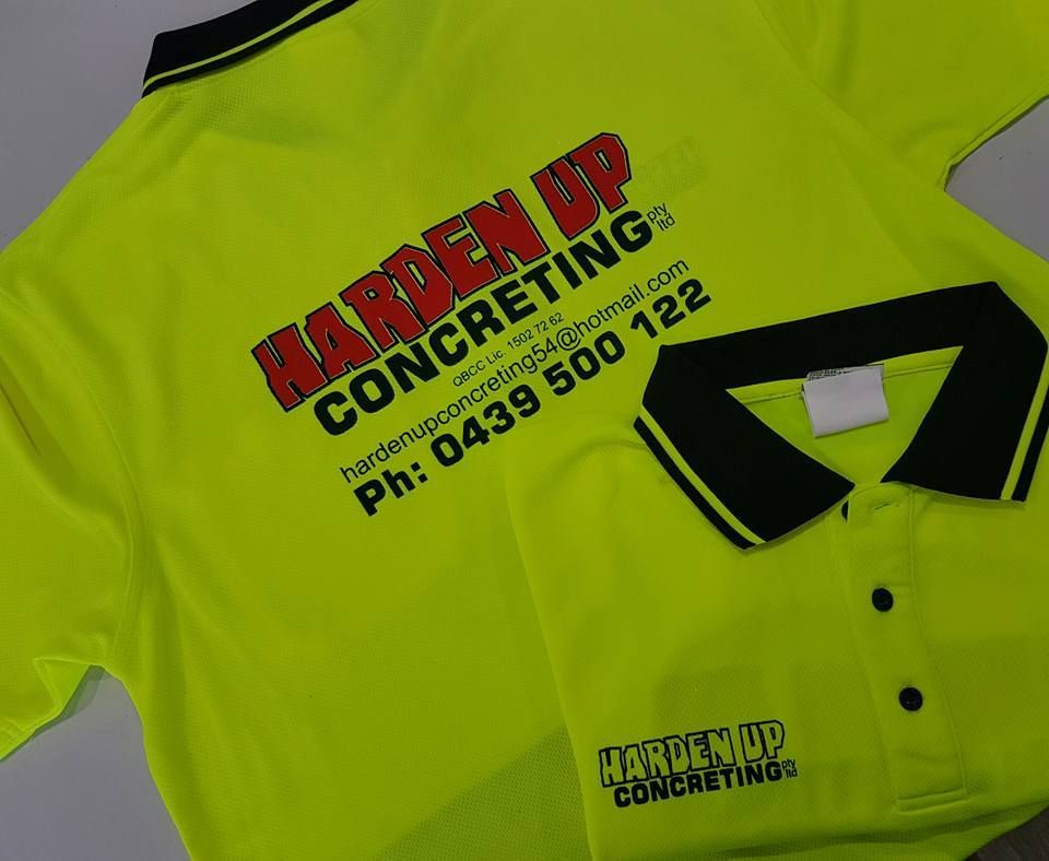 A Yellow Shirt That Says Harden Up Concreting On It — Sportstar Screenprinting In Newtown, QLD
