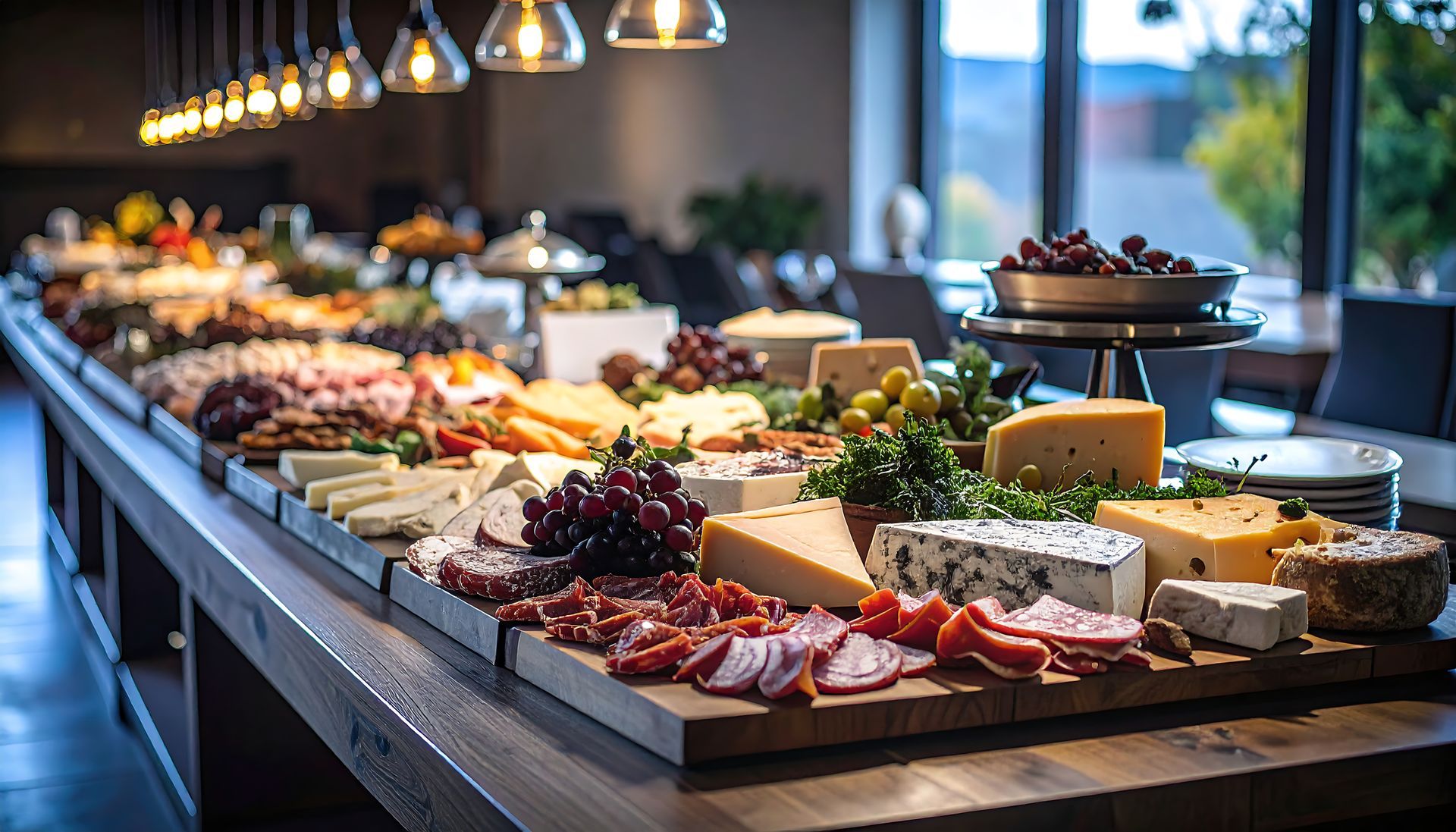 Buffet table with assorted cheeses, meats, fruits, and appetizers under warm pendant lights Buffet table with assorted cheeses, meats, fruits, and appetizers under warm pendant lights