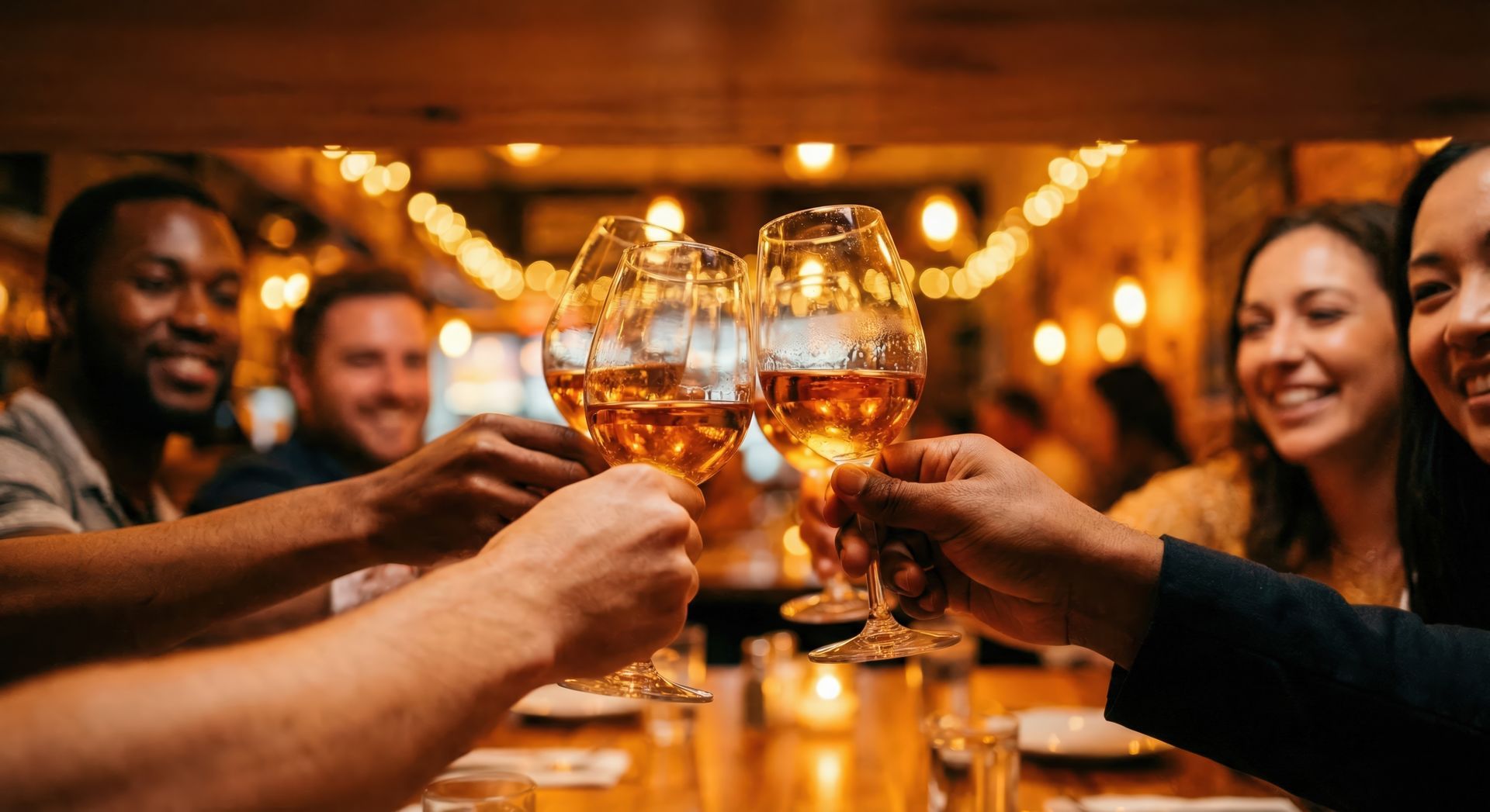 Friends clinking wine glasses in a warmly lit restaurant, celebrating together at dinner Friends clinking wine glasses in a warmly lit restaurant, celebrating together at dinner