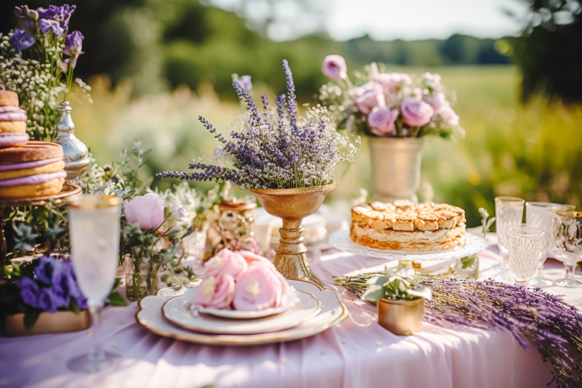 Elegant outdoor dessert table with lavender and pink flowers, cakes, pastries, and glassware in a garden setting Elegant outdoor dessert table with lavender and pink flowers, cakes, pastries, and glassware in a garden setting