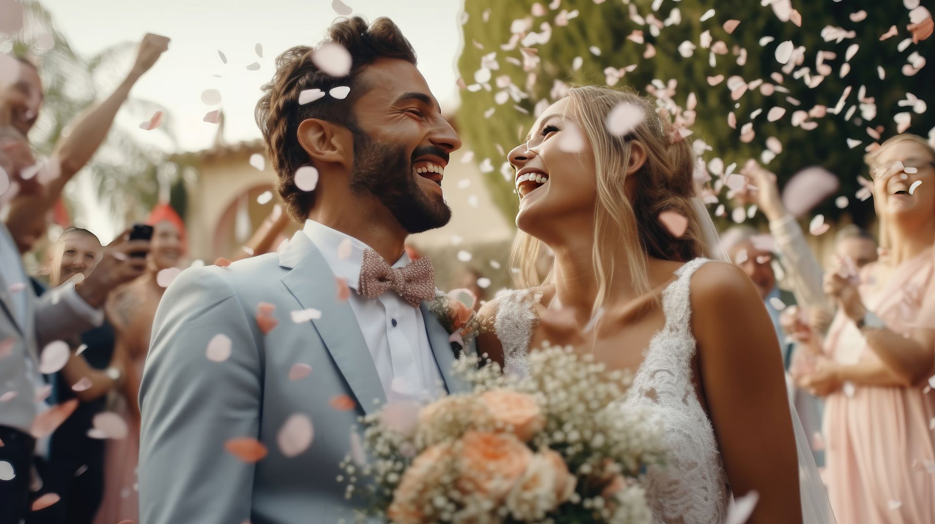 Bride and groom smiling amid falling confetti at an outdoor wedding celebration Bride and groom smiling amid falling confetti at an outdoor wedding celebration