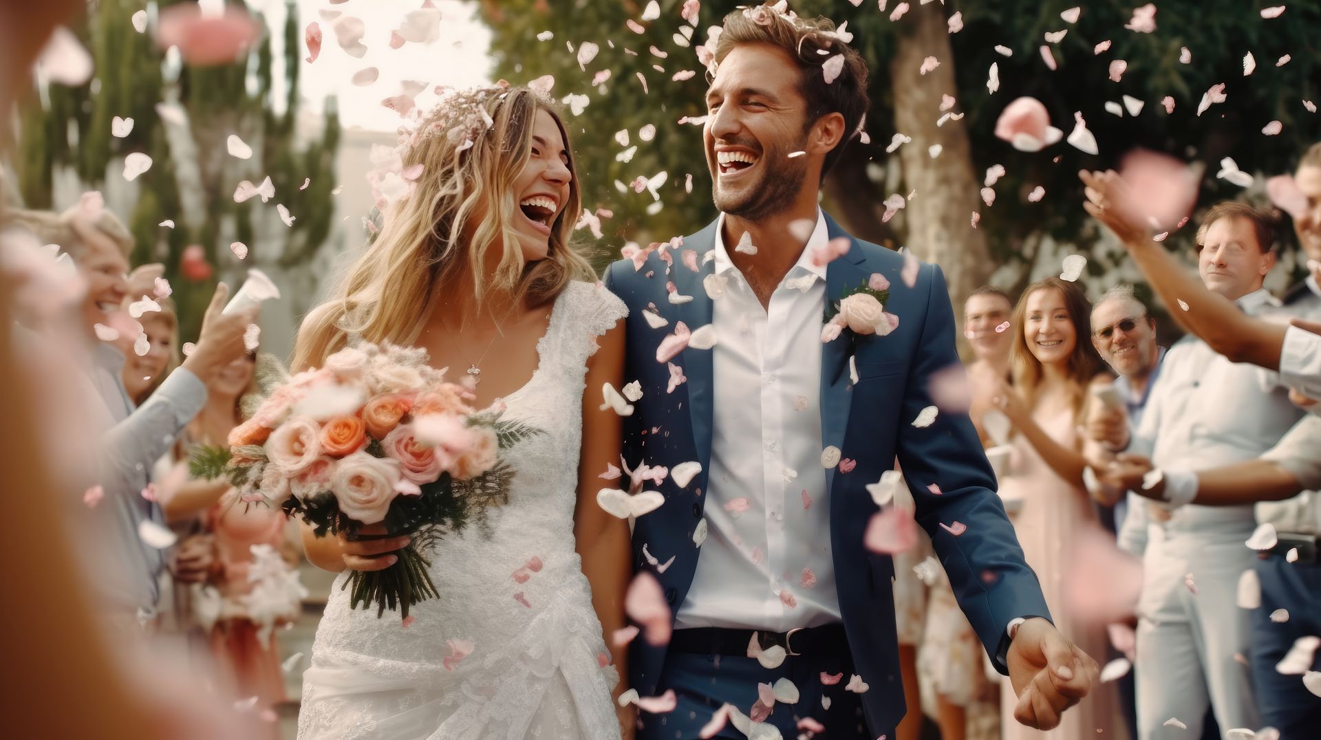 Bride and groom smiling as they walk through falling flower petals at an outdoor wedding Bride and groom smiling as they walk through falling flower petals at an outdoor wedding