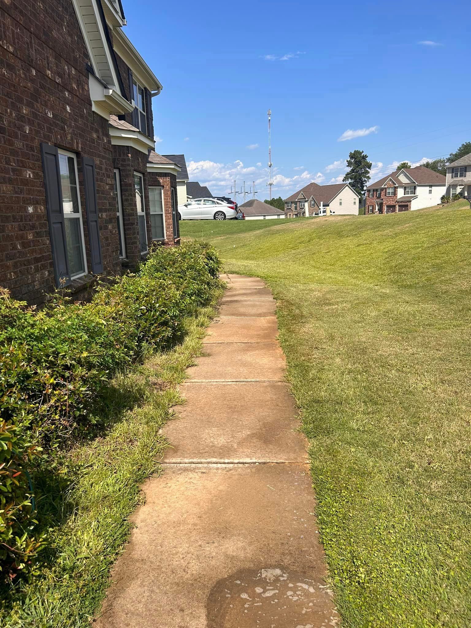 A sidewalk leading to a house in a residential area.