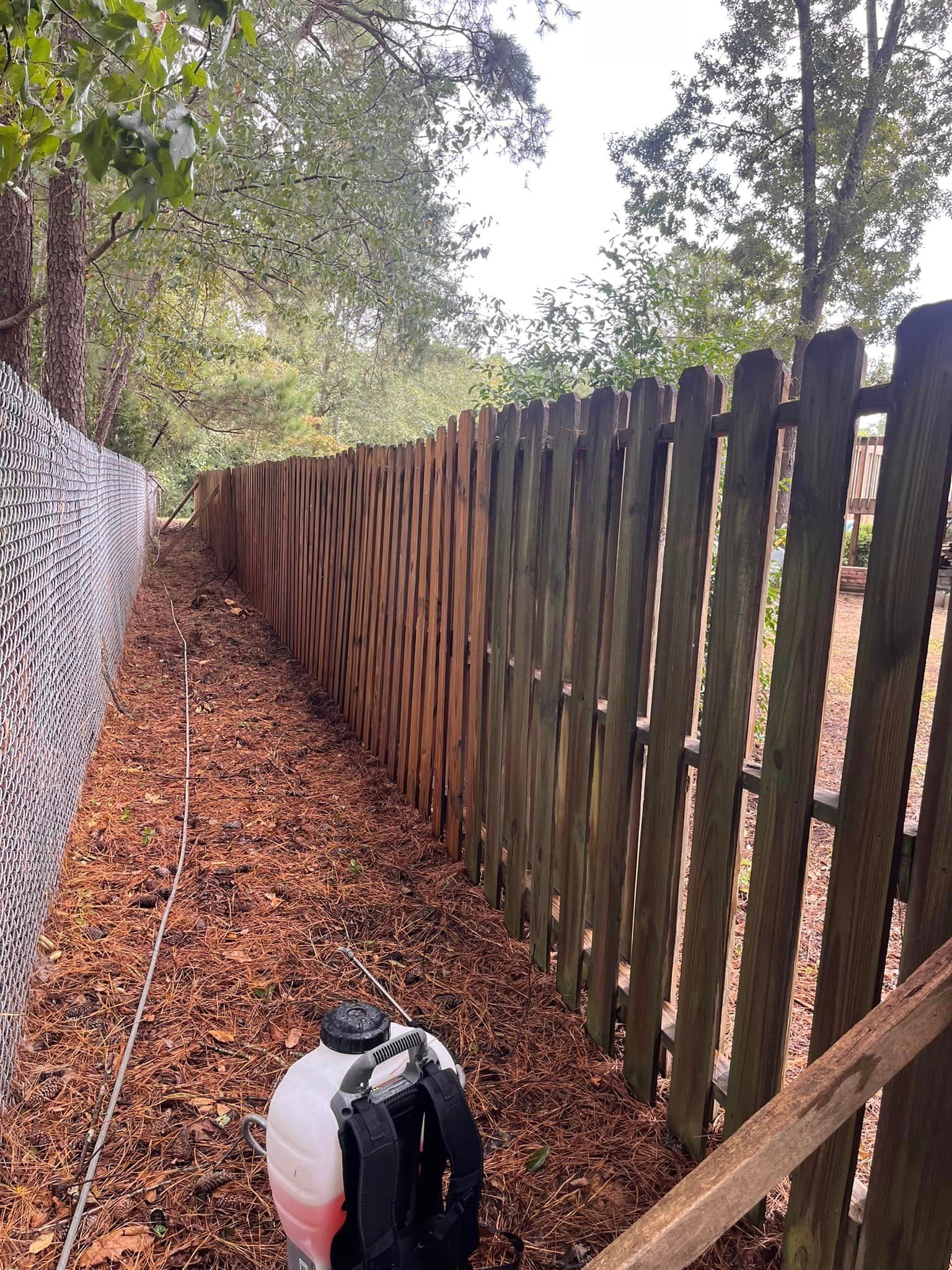A wooden fence is being cleaned with a backpack sprayer.