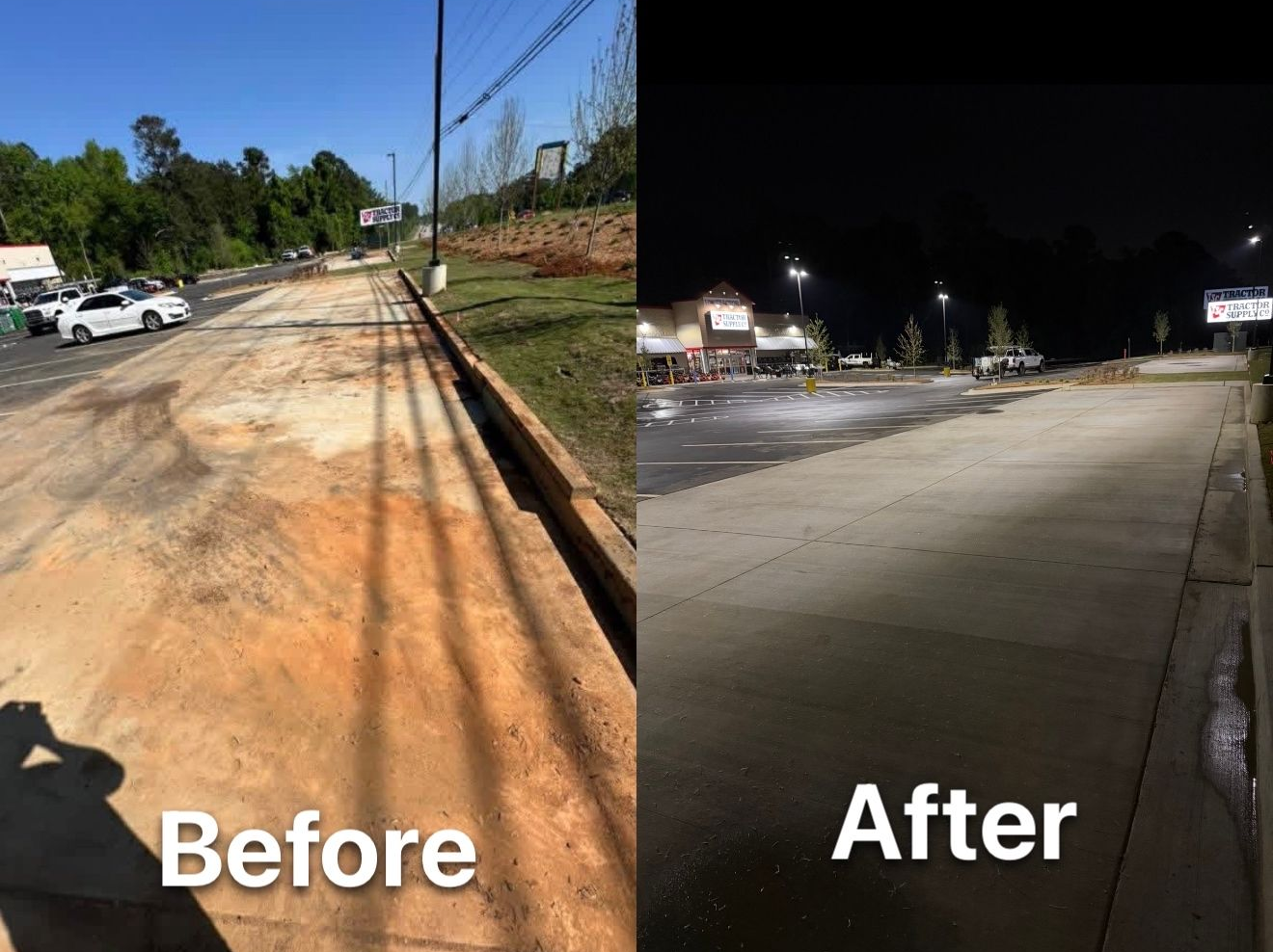 Before-and-after of a dirt roadside turned into a paved, lit parking area at night.