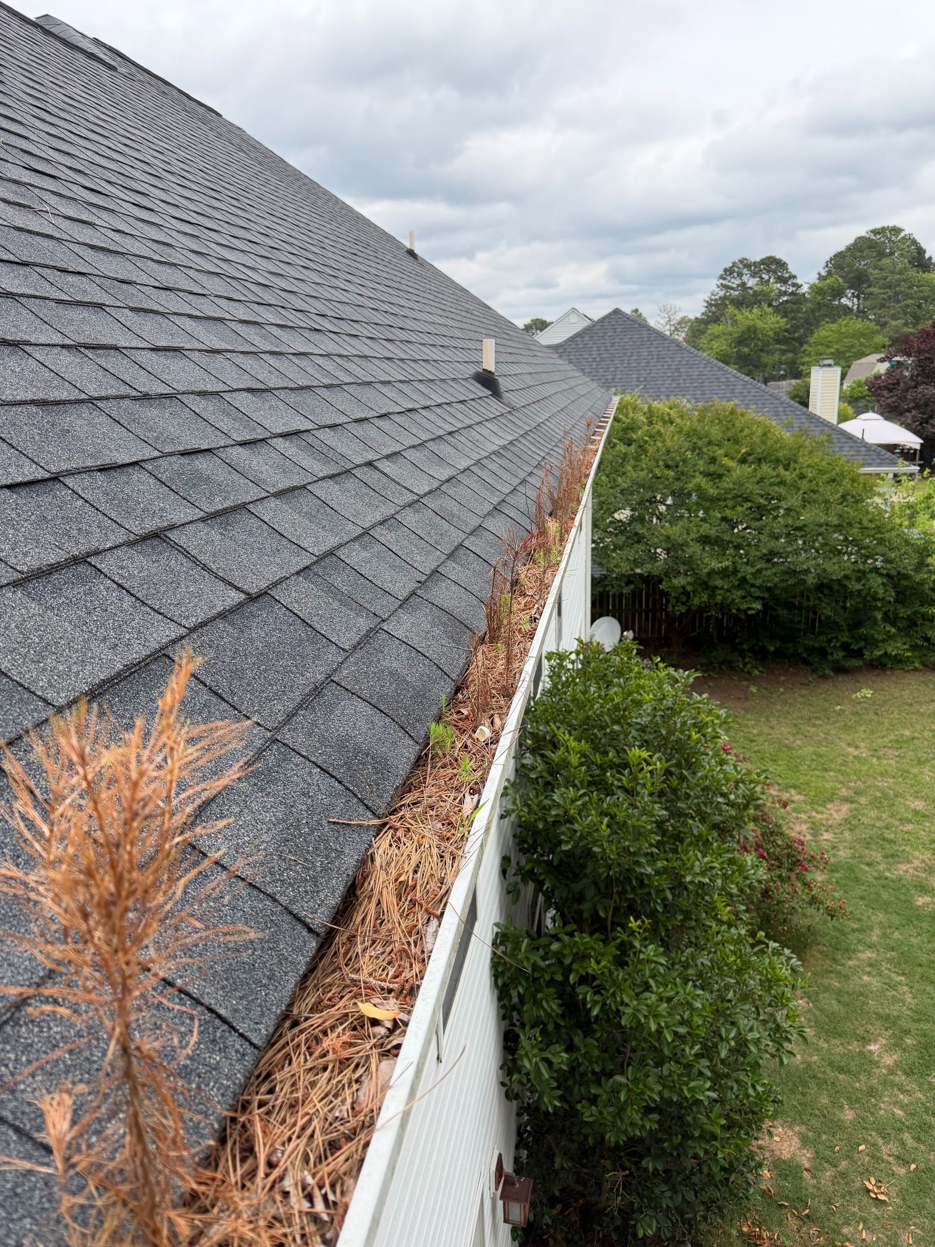 Roofline with gray shingles, gutters, and shrubs alongside a house under cloudy skies.