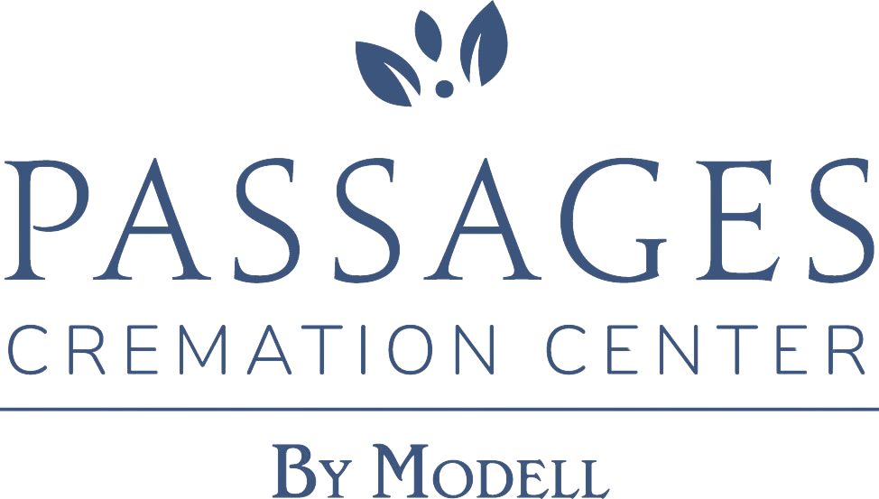 Logo for Passages Cremation Center: text with a leaf icon, "By Modell" at the bottom.
