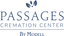 Logo for Passages Cremation Center: text with a leaf icon, "By Modell" at the bottom.