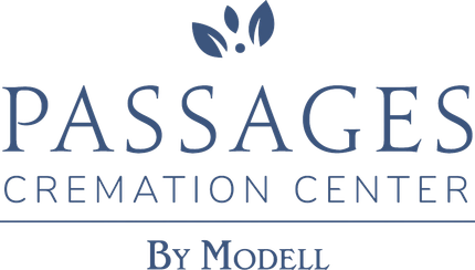 Logo for Passages Cremation Center: text with a leaf icon, "By Modell" at the bottom.